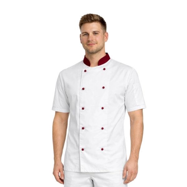 Bluza kucharska biała krótki rękaw wstawki bordowe roz.3XL – bluza kucharska – odzież gastronomiczna